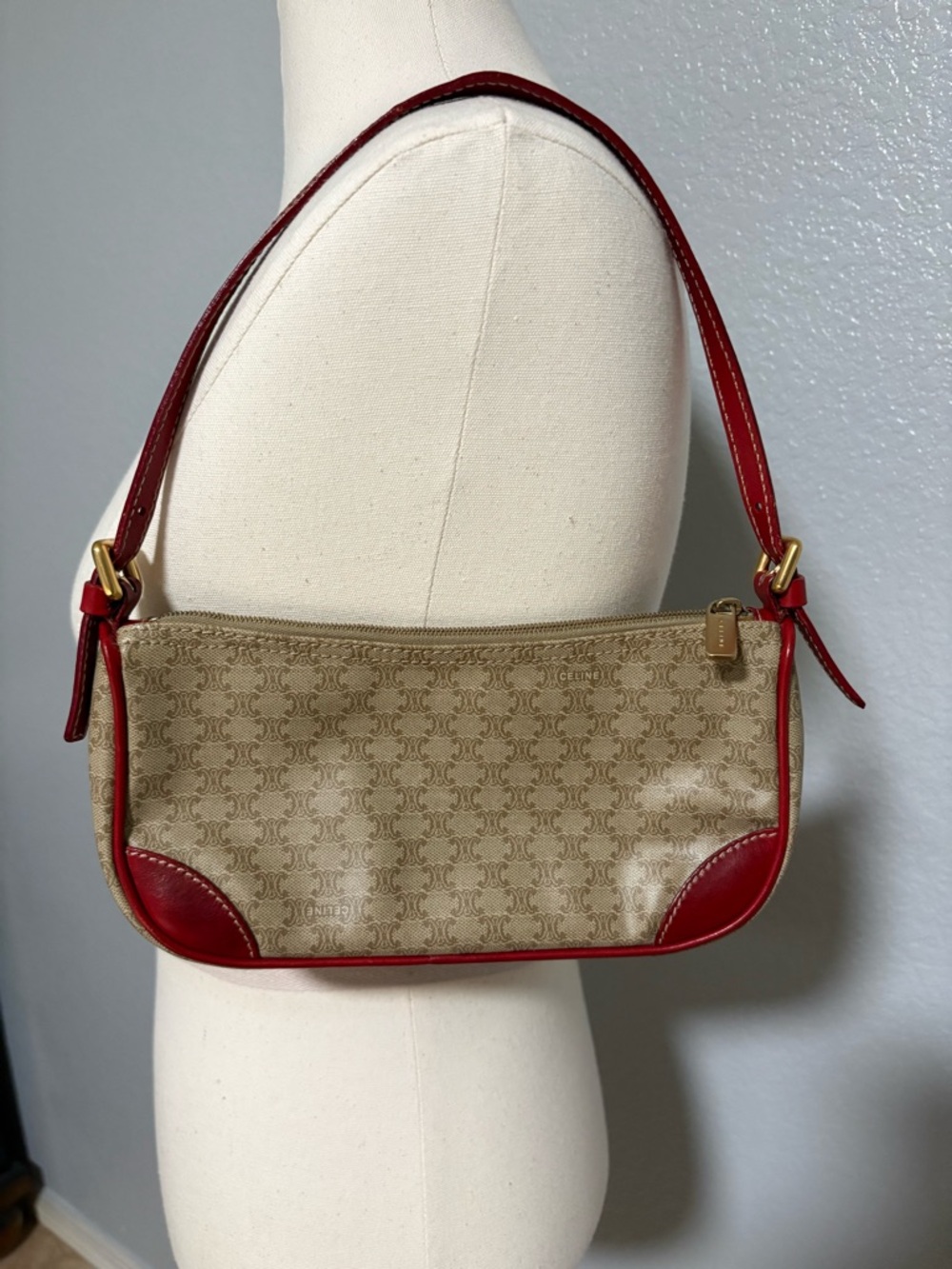 Celine Beige Canvas Shoulder Bag with Red Leather Trim